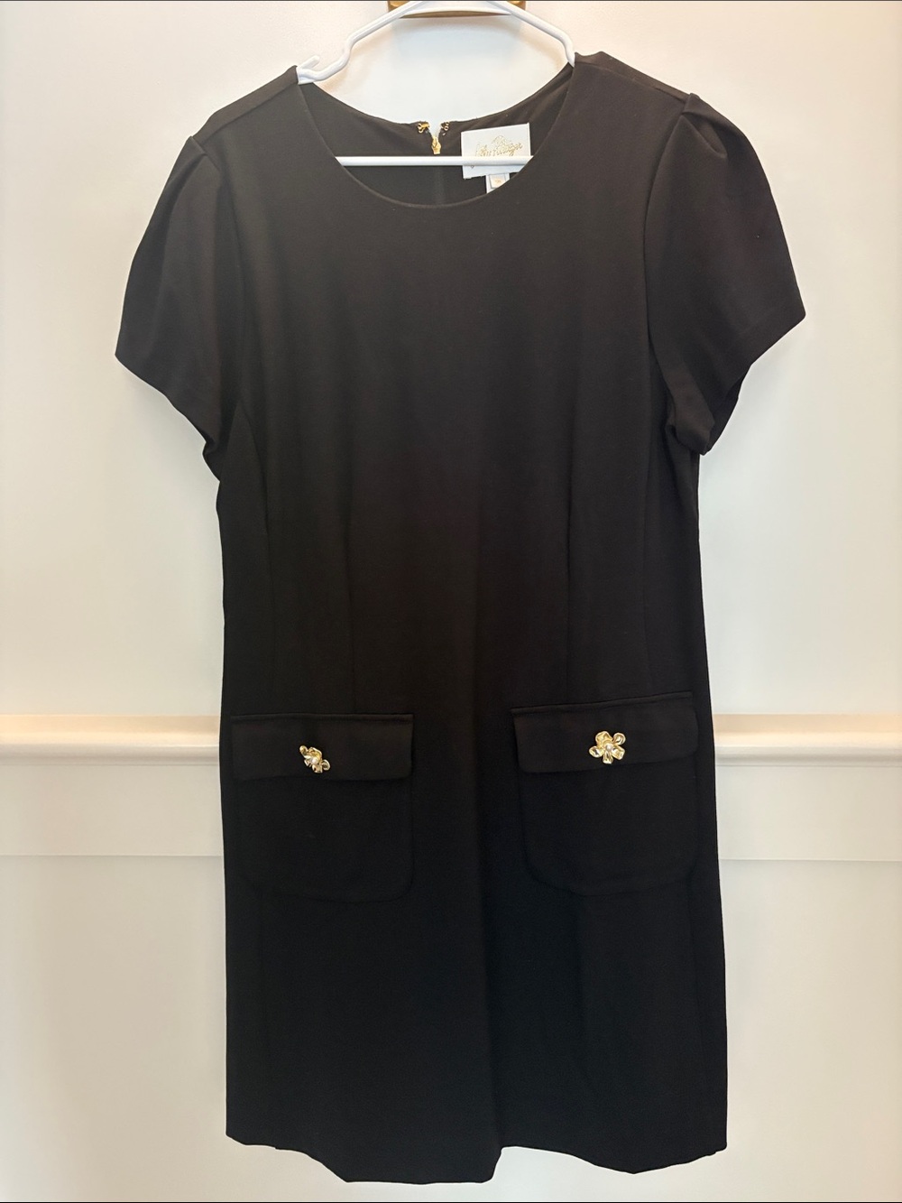 Lilly Pulitzer 16 Fallon Black Mini Shift Dress with Gold Flower Pocket Buttons